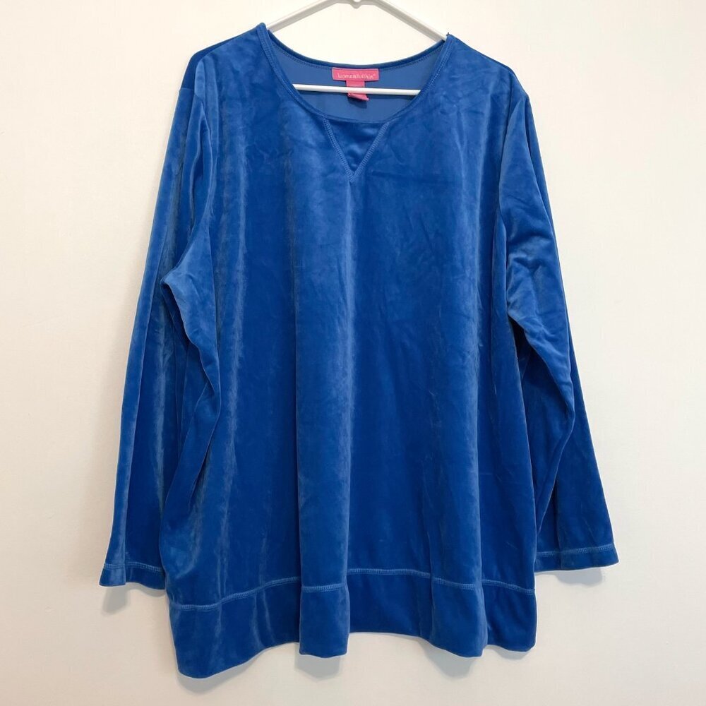 WOMAN WITHIN VANITY 2X Plus Size Solid Blue Velour Crewneck Sweatshirt 26W / 28W